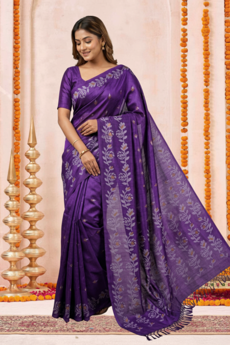 Royal Purple Tussar Silk Saree with Floral Block Prints and Tassel Border