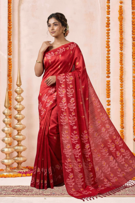 Red Tussar Silk Saree with Floral Block Prints and Tassel Border
