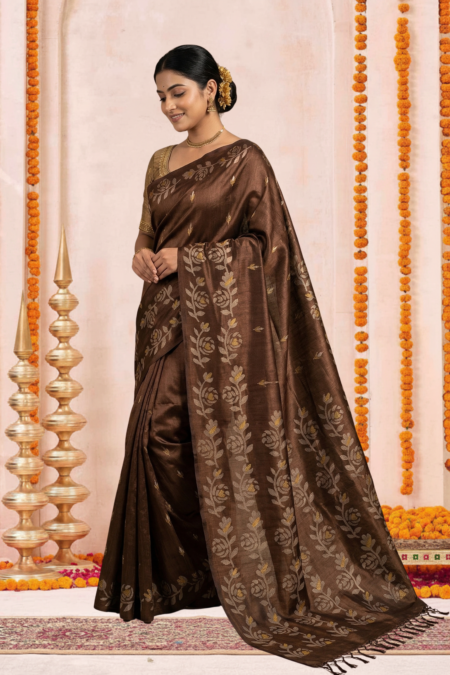 Coffee Brown Tussar Silk Saree with Floral Block Prints and Tassel Border