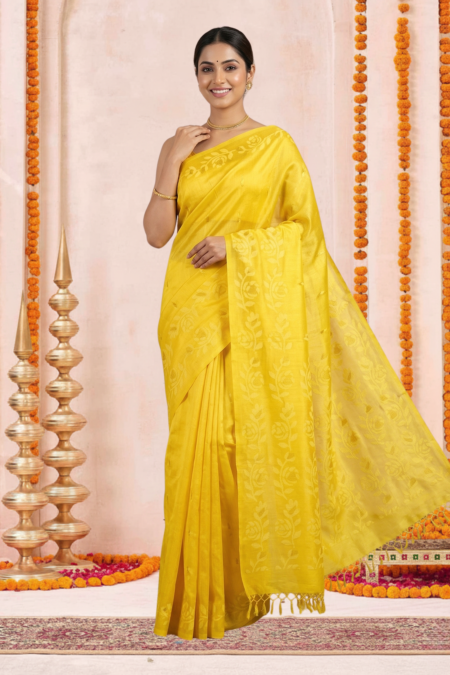 Yellow Tussar Silk Saree with Floral Block Prints and Tassel Border