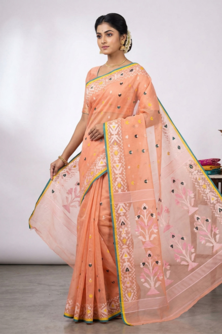 Handwoven Muslin Jamdani Saree with Traditional Motifs