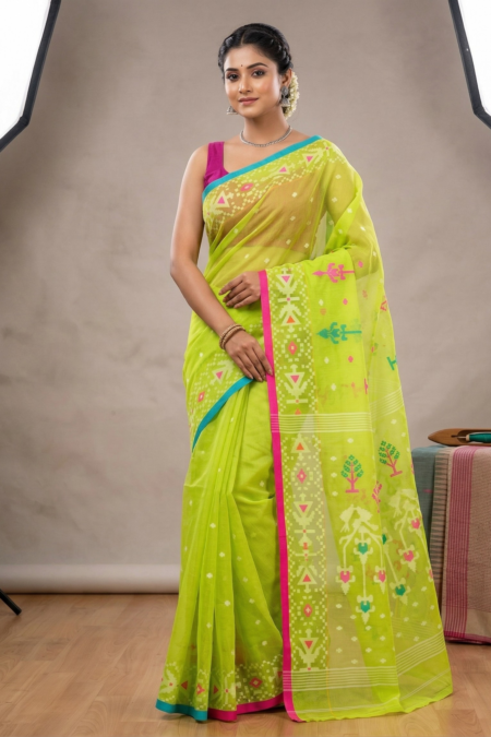 Handwoven Muslin Jamdani Saree with Traditional Motifs