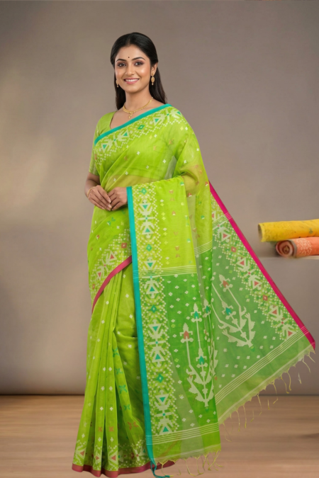 Handwoven Muslin Jamdani Saree with Traditional Motifs