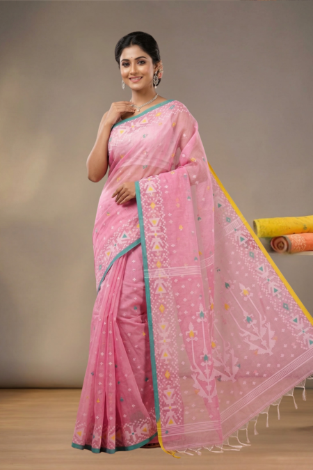 Handwoven Muslin Jamdani Saree with Traditional Motifs