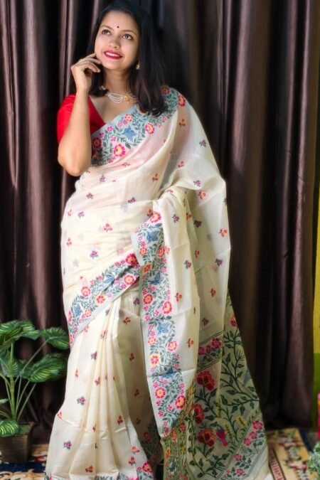 Off-White Silk Jamdani with Intricate Floral Weaves