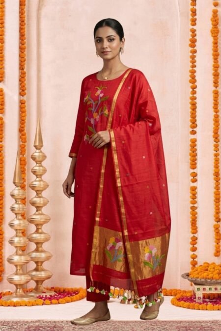 Handloom Pure Resham Muslin 2-Piece Set with Floral Artisanal Weave