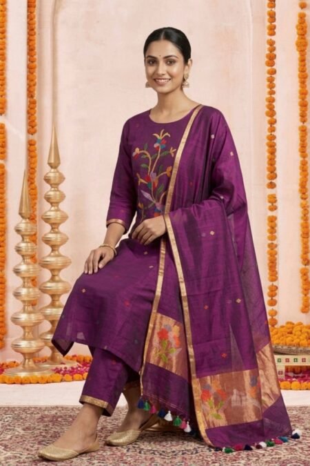 Handloom Pure Resham Muslin 2-Piece Set with Floral Artisanal Weave