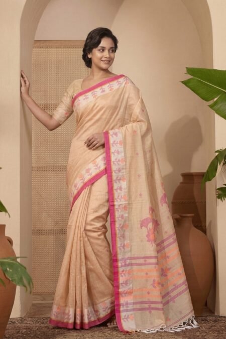 Handloom Cotton Jamdani Saree with Woven Floral Motifs