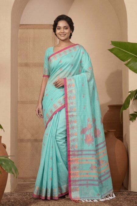 Handloom Cotton Jamdani Saree with Woven Floral Motifs