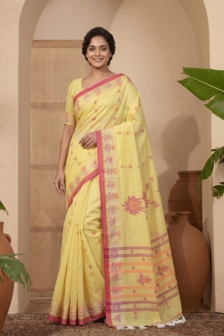 Handloom Cotton Jamdani Saree with Woven Floral Motifs