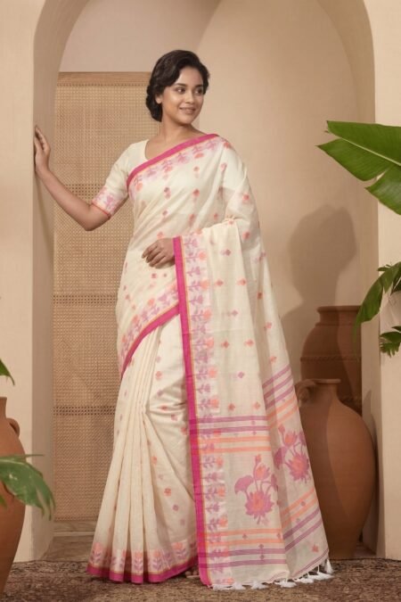 Handloom Cotton Jamdani Saree with Woven Floral Motifs