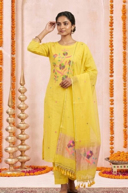 Handloom Pure Resham Muslin 2-Piece Set with Floral Artisanal Weave