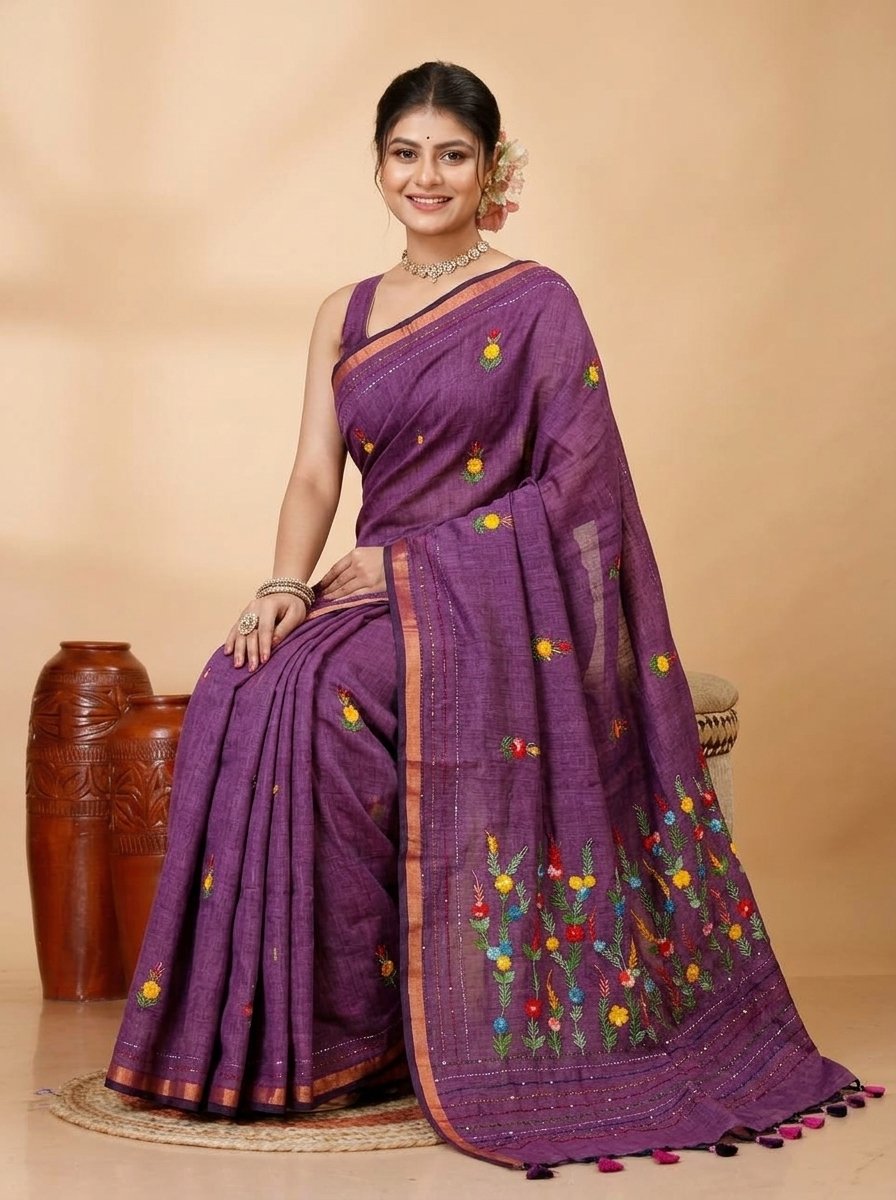 Ethnic Handcrafted Bullian Cotton Saree - Image 3
