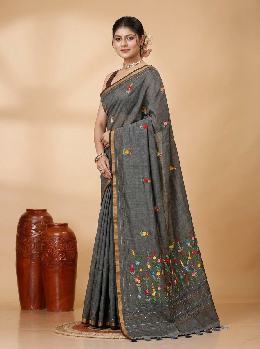 Ethnic Handcrafted Bullian Cotton Saree - Image 4