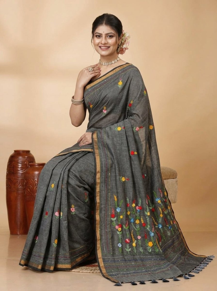 Ethnic Handcrafted Bullian Cotton Saree - Image 3