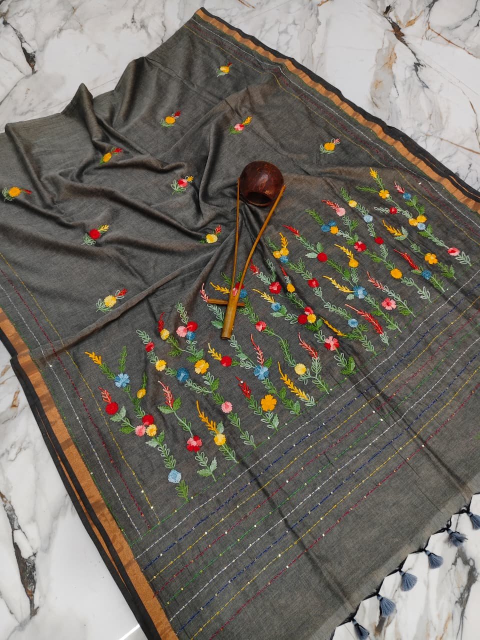 Ethnic Handcrafted Bullian Cotton Saree - Image 6