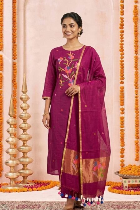 Handloom Pure Resham Muslin 2-Piece Set with Floral Artisanal Weave