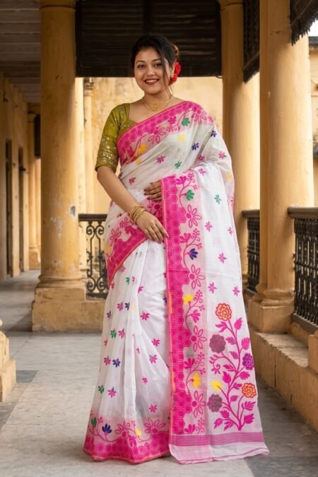 Marigold Soft Almond Dhakai Jamdani Saree