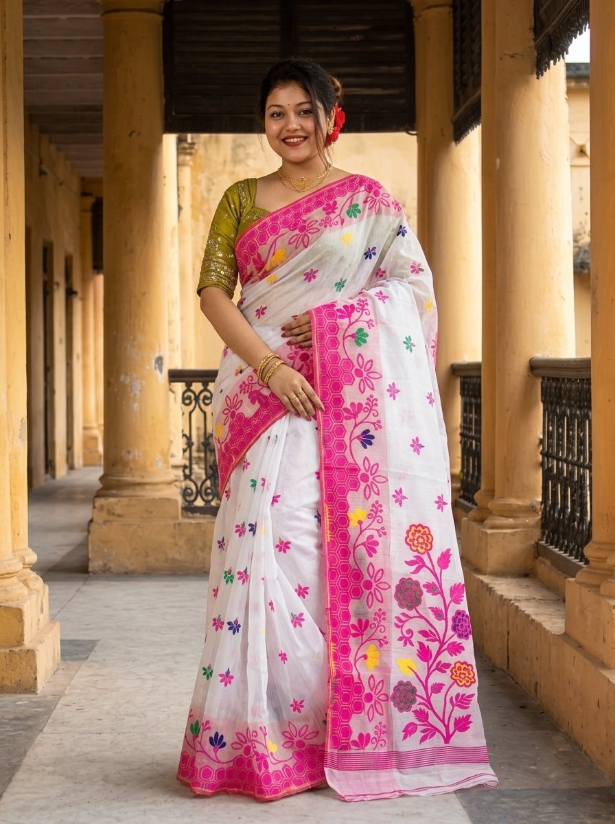 Marigold Soft Almond Dhakai Jamdani Saree
