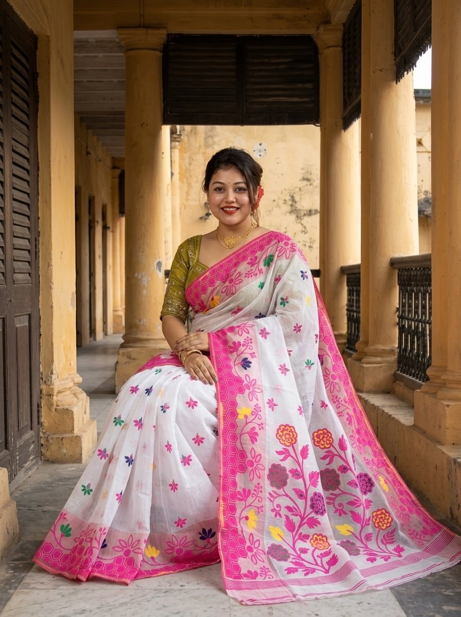 Marigold Soft Almond Dhakai Jamdani Saree - Image 4