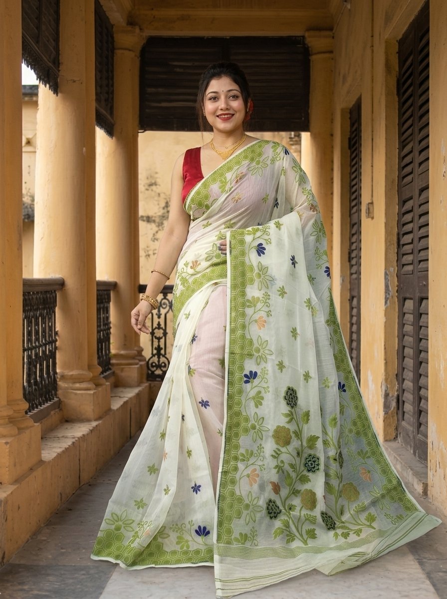 Marigold Soft Almond Dhakai Jamdani Saree - Image 4