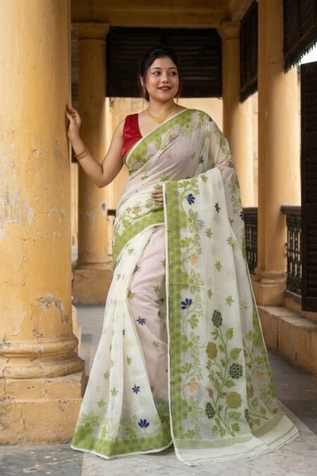Marigold Soft Almond Dhakai Jamdani Saree