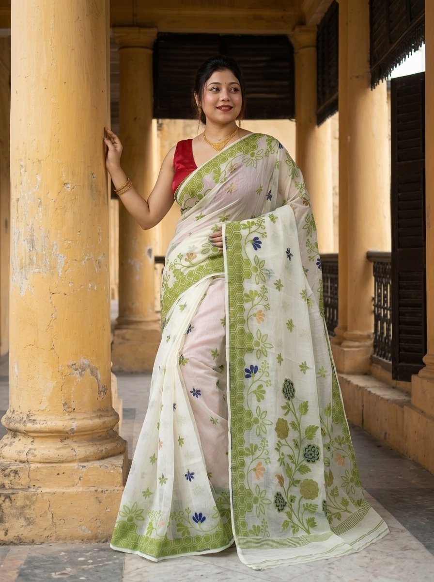 Marigold Soft Almond Dhakai Jamdani Saree