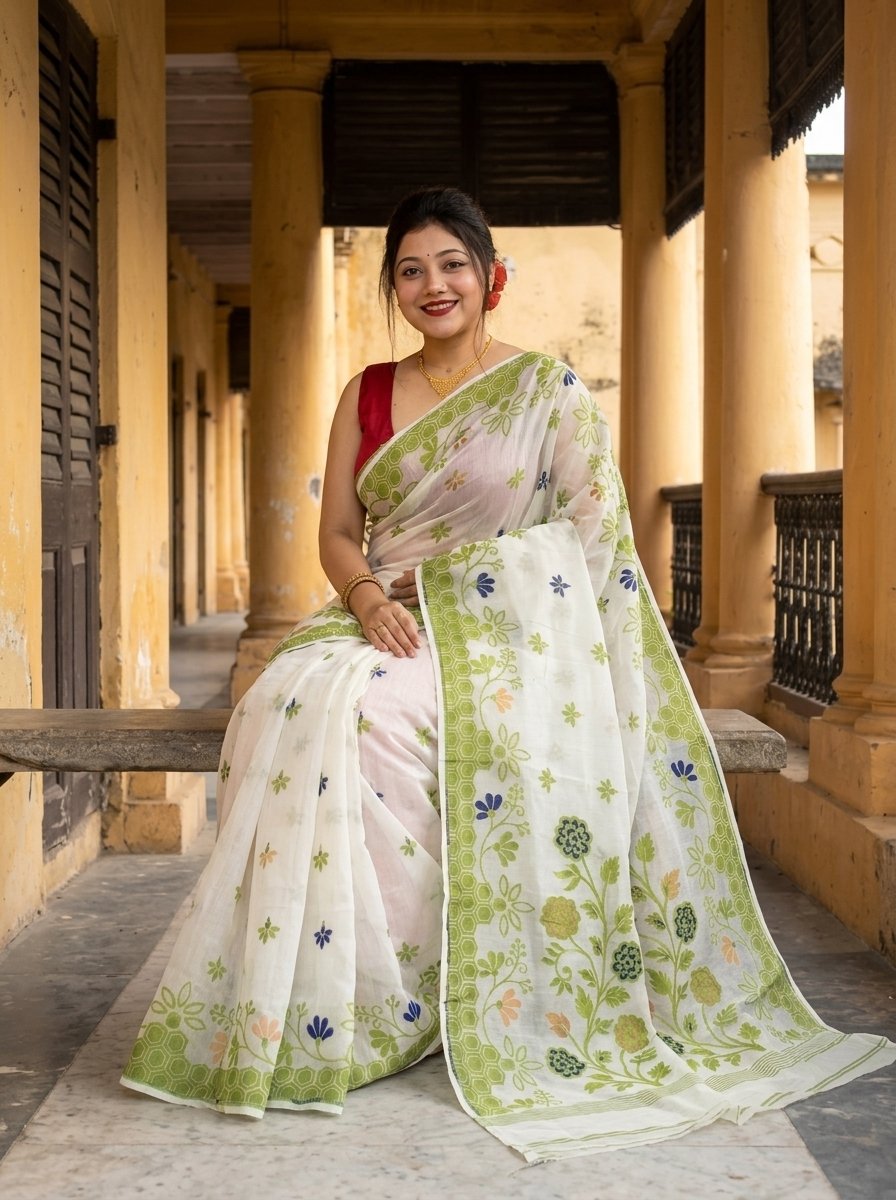 Marigold Soft Almond Dhakai Jamdani Saree - Image 5