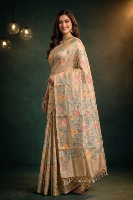 Beige Gold Tussar Handwoven Jamdani Saree