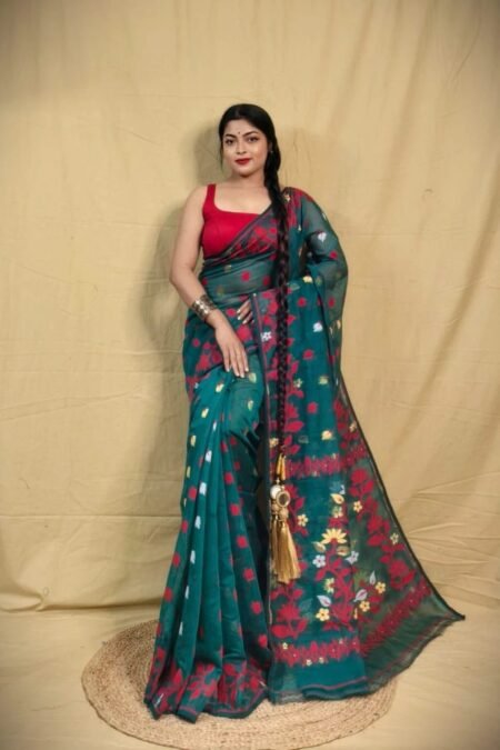 Bottle Green Soft Lota Jamdani Sari